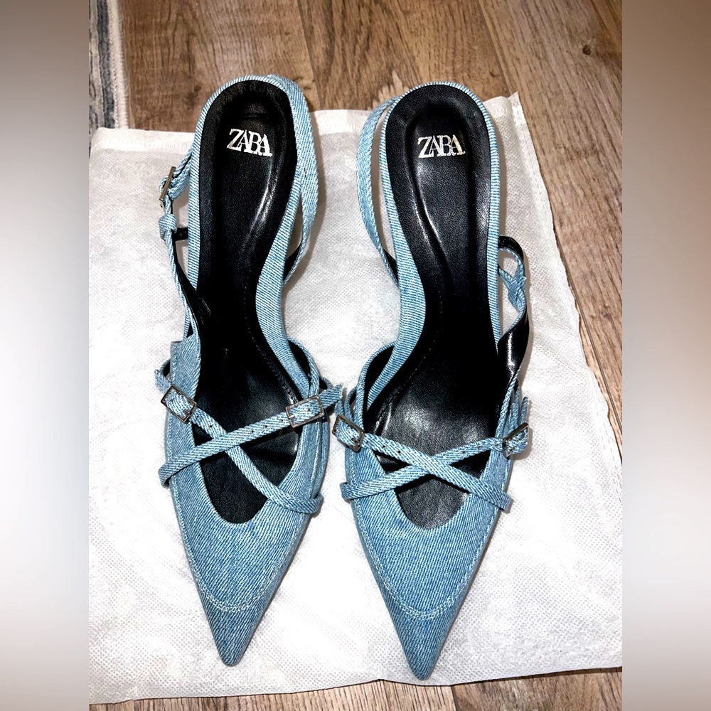 New Zara Copy Blue Heeled Denim Shoes Size 8 Jeans Blue